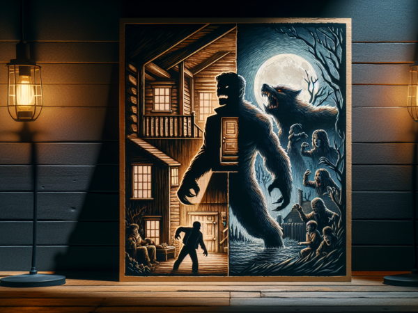 A framed artwork stands on a wooden floor, split between two scenes. The left shows a person entering a house, warmly lit and inviting. The right depicts a werewolf under a full moon, surrounded by humanoid creatures in a dark forest. Two lanterns illuminate the setting outside the image.