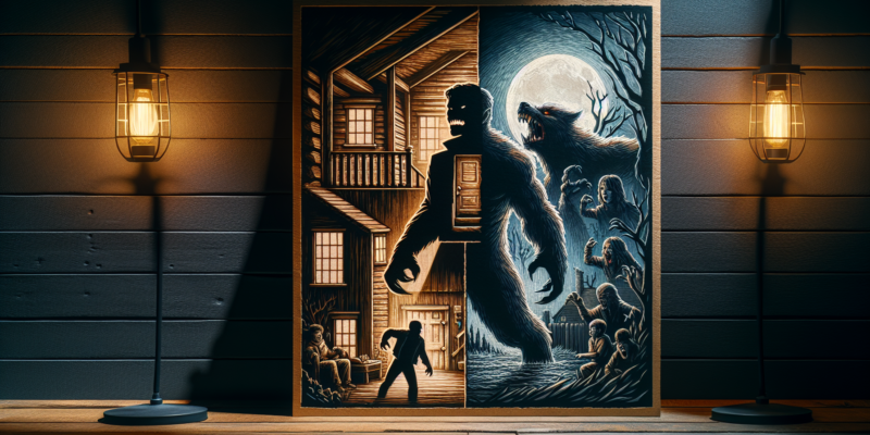 A framed artwork stands on a wooden floor, split between two scenes. The left shows a person entering a house, warmly lit and inviting. The right depicts a werewolf under a full moon, surrounded by humanoid creatures in a dark forest. Two lanterns illuminate the setting outside the image.